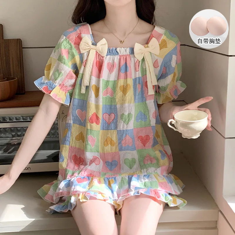 

Large Size Summer Cloud Cotton Pajamas Korean Students Pjs Floral Home Clothes with Chest Pad Can Be Worn Outside Loungewear