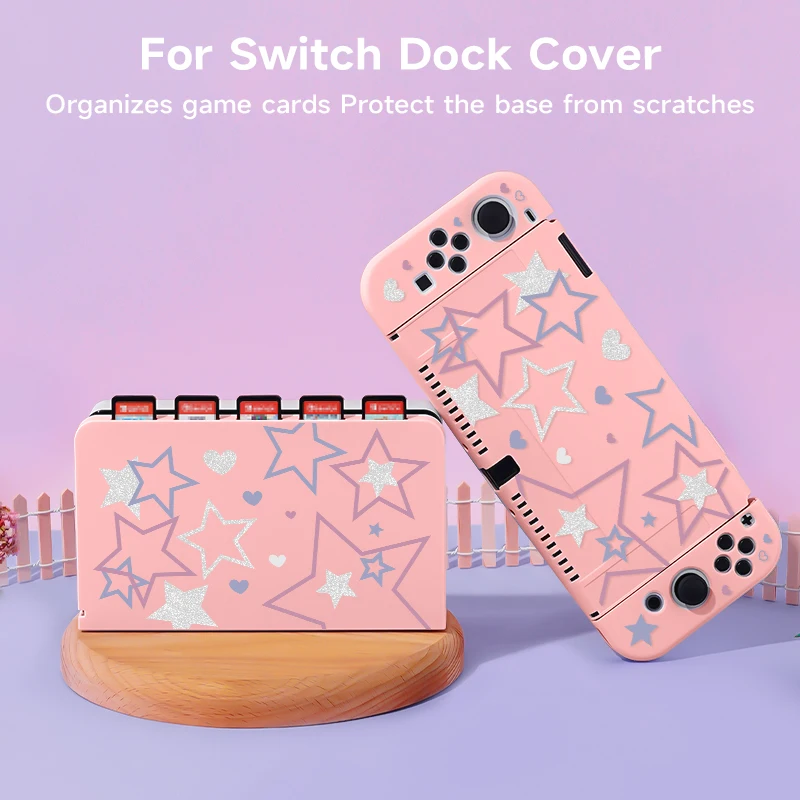 2 Pcs Heart of The Stars  Theme Pattern Protective Case with Base Cover Set for Switch OLED/Switch NS, Can Store 5 Game Cards