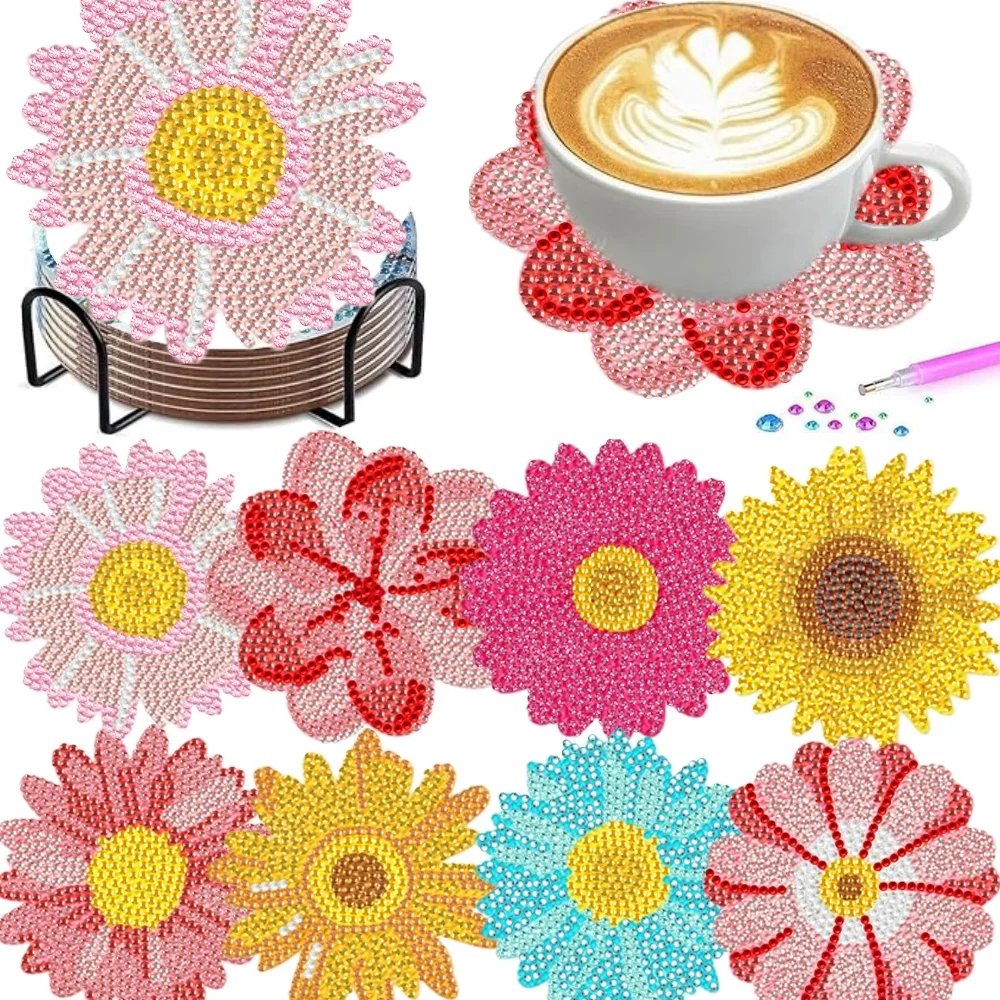 Resin Art Coasters - 8-teiliges Set/Diamant-Mal-Untersetzer-Set, Untersetzer mit Blumenmuster (mit
