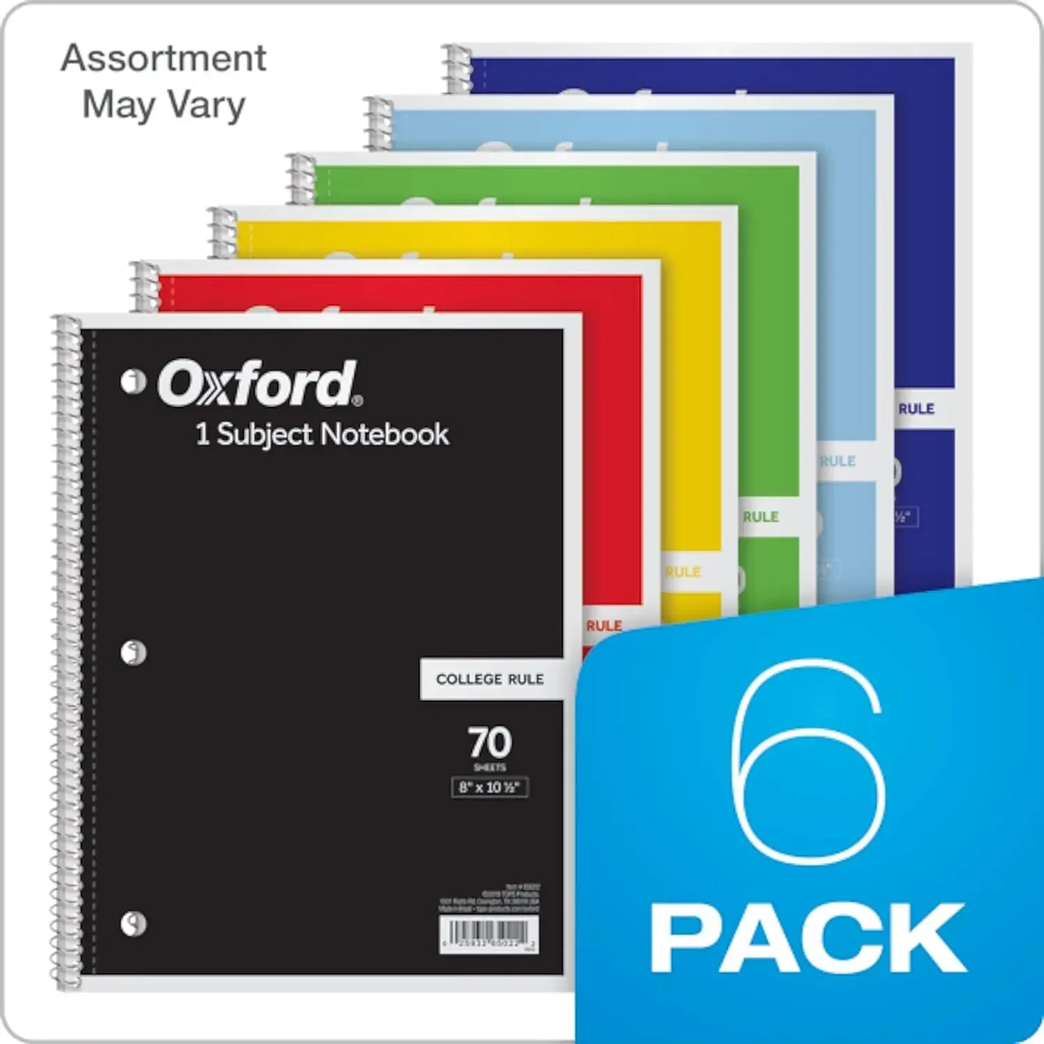 Spiral Notebook  College Ruled Paper 8 x 10-1/2 Inch 6pack 1-Subject Wide Ruled Paper 70 Sheets per Notebook Color Will Vary