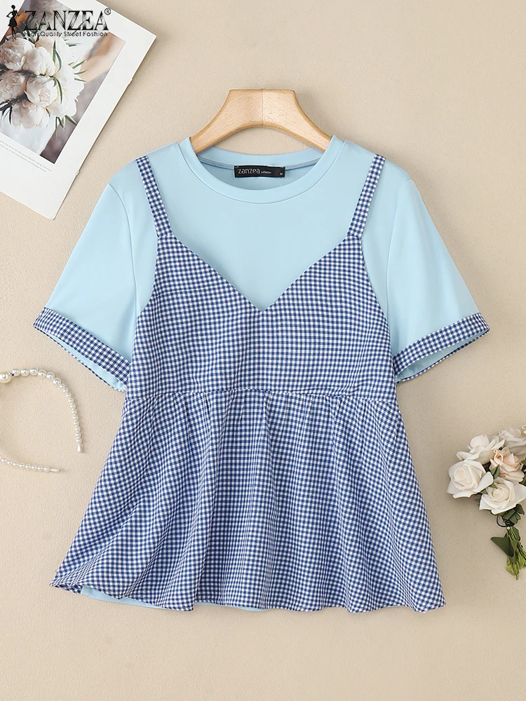 بلوزات صيفية من ZANZEA لعام 2025 بلوزات نسائية بأكمام قصيرة مرقعة مكونة من قطعتين بلوزات عمل غير رسمية مقاس كبير