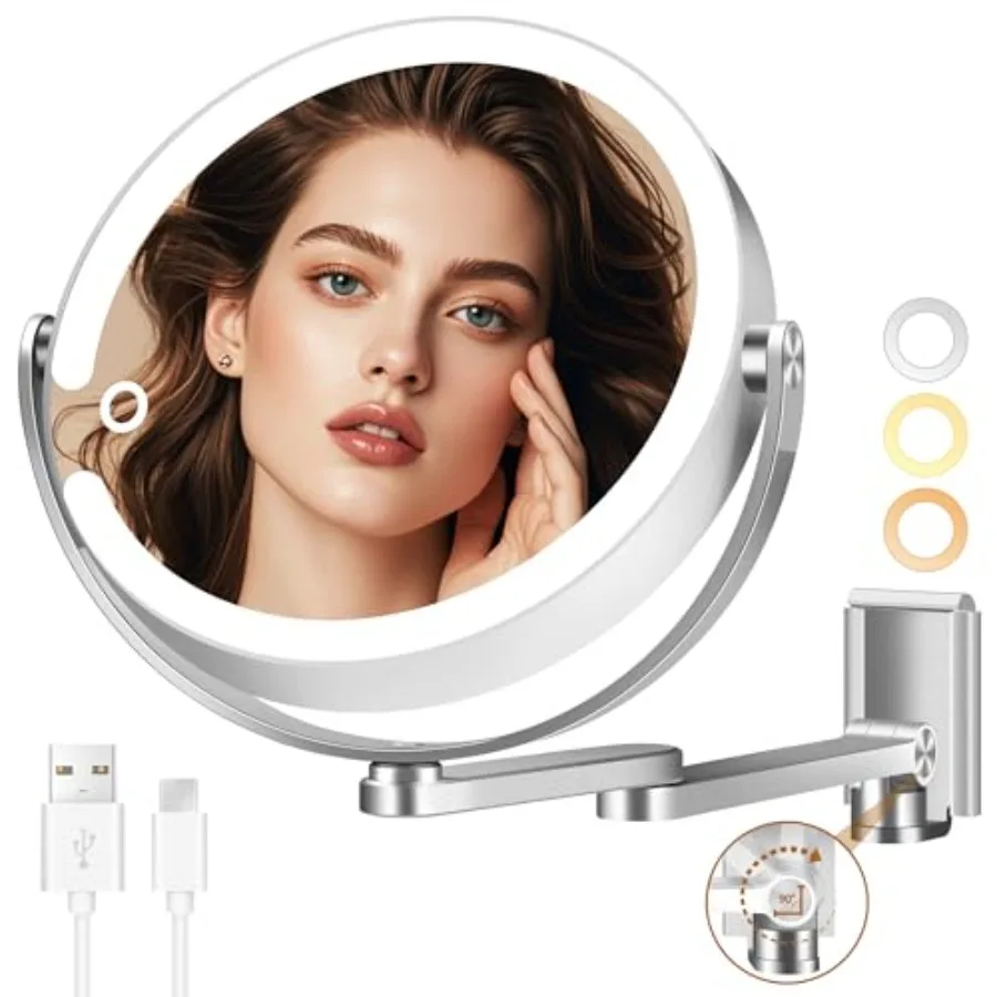 

Wall Mounted Makeup Mirror, Aluminum Alloy Magnifying Mirror with Light 20X/1X Double-Sided, Height Adjustable, 3 Colors Led Va