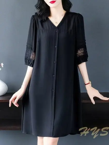 

Черное платье-миди для полных женщин, летнее повседневное, с завышенной талией, А-силуэт, в корейском стиле, для беременных, с коротким рукавом, V-образный вырез