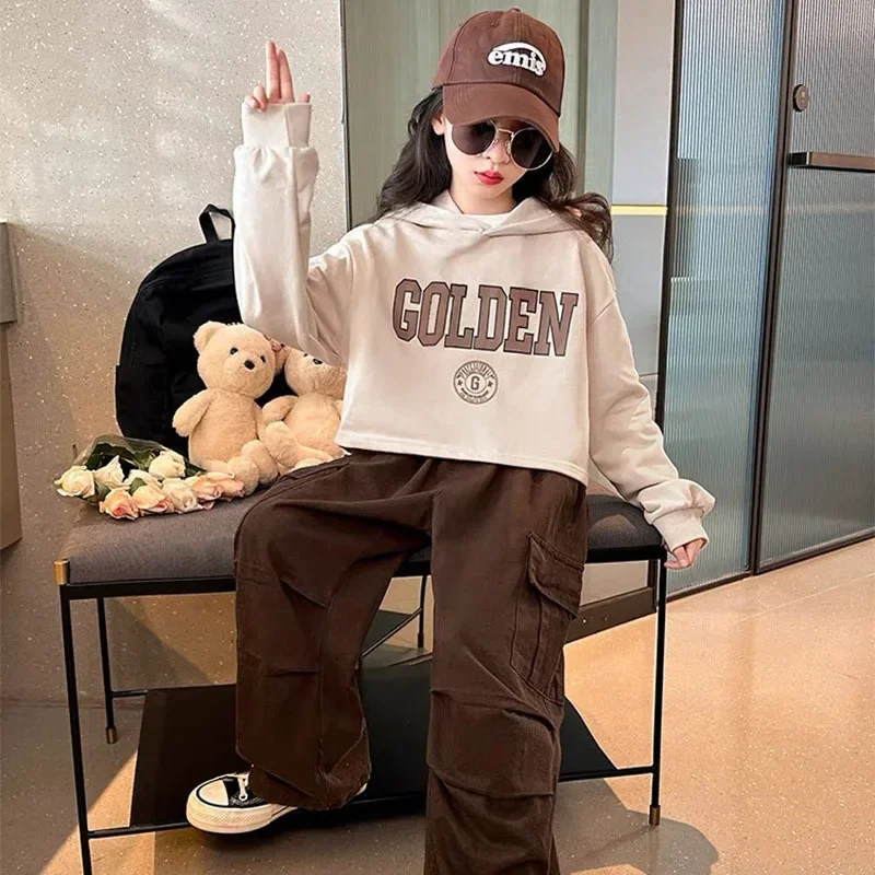 Spring Teenage Girl Clothes Set Children\'s Girls Hoodies Letter Pullover Top and Cargo Pants 2 Pieces Outfit Kids Tracksuit