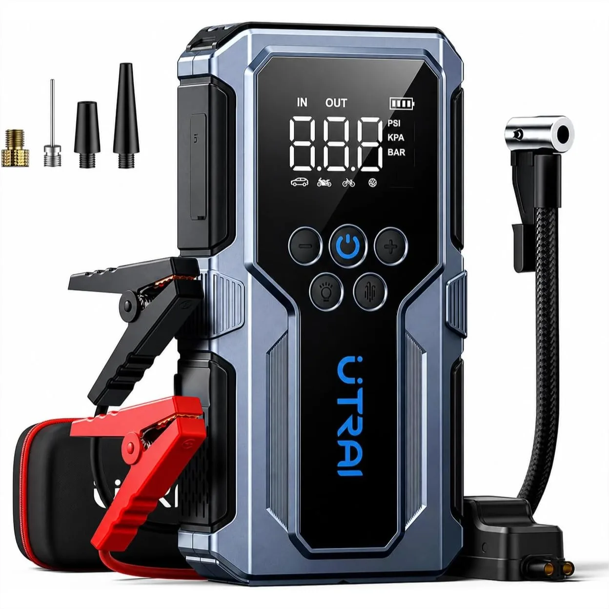 

4000A Jump Starter with Air Compressor 150PSI Tire Inflator 18W Fast Charge Emergency Light for 8.5L Gas 6.5L Diesel Engines