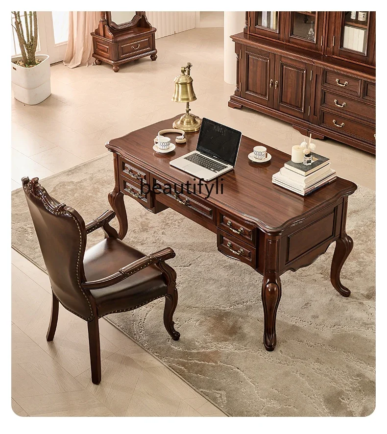 

American all-solid wood desk, household black walnut computer desk, leather chair 1.5m study furniture