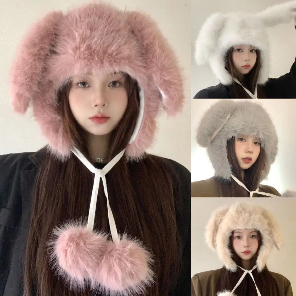 

Warm Big Rabbit Ears Hat Thickened Winter Cute Bucket Hat Wool Soft Plush Ear Protection Hat Women