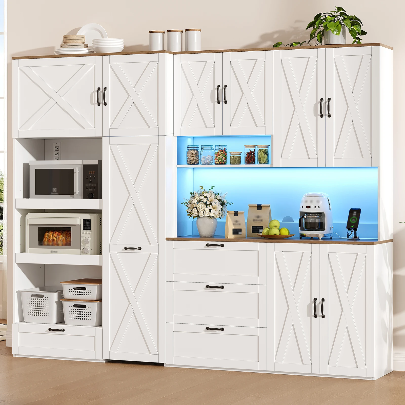 86.6'W X 70'H Extra Large White Farmhouse Kitchen Wall Cabinet, Built-in LED Lights & USB Charging Station, 10 Storage Cabinets, 5 External Compartments, Adjustable Shelves & Mobile Cart, High-Capacity Storage for Kitchen