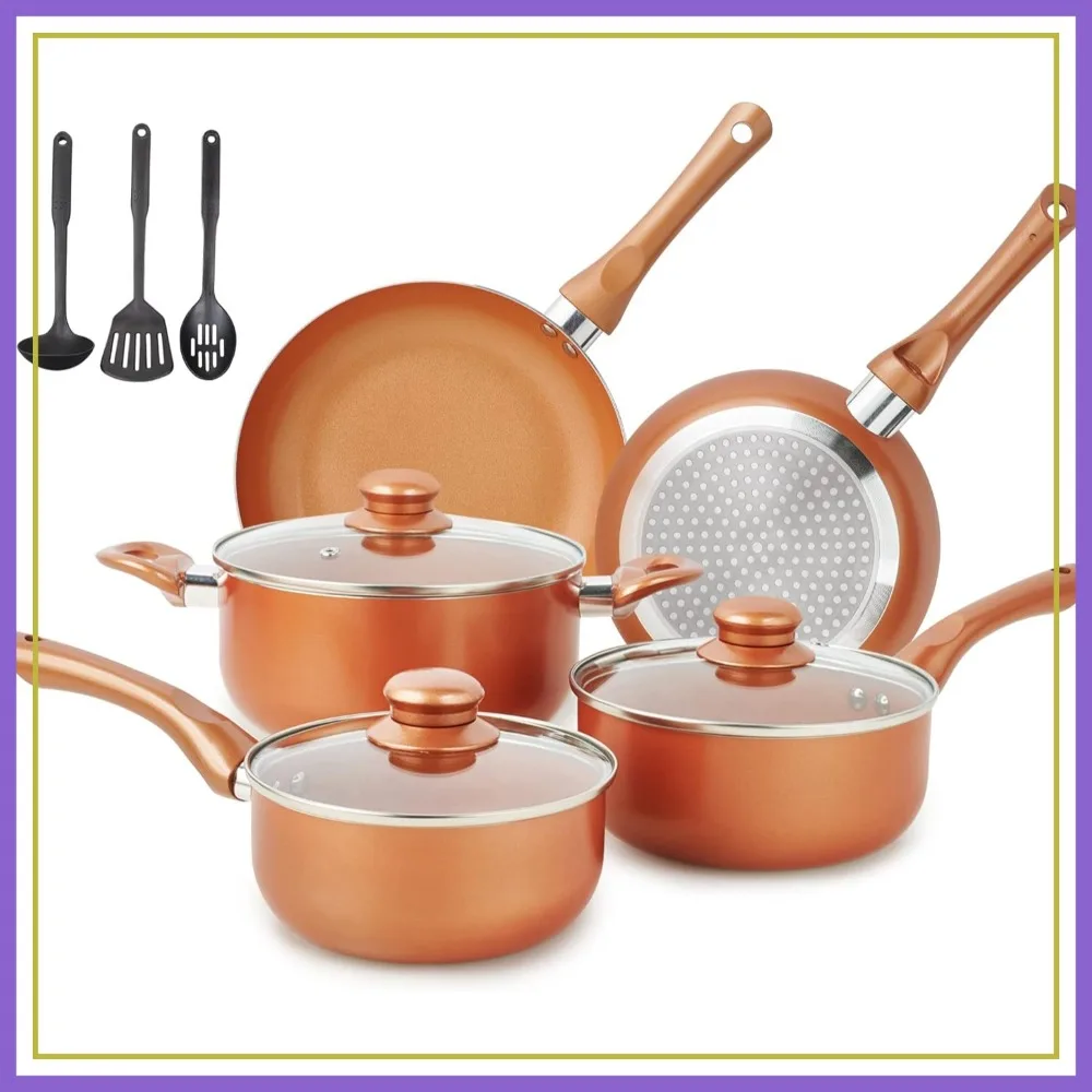 

Ultra Nonstick 11pcs Cookware Set, Copper Ceramic Coating, Stay Cool Handle & Nylon Utensils, Gas/Induction Compatible, PFOA Free