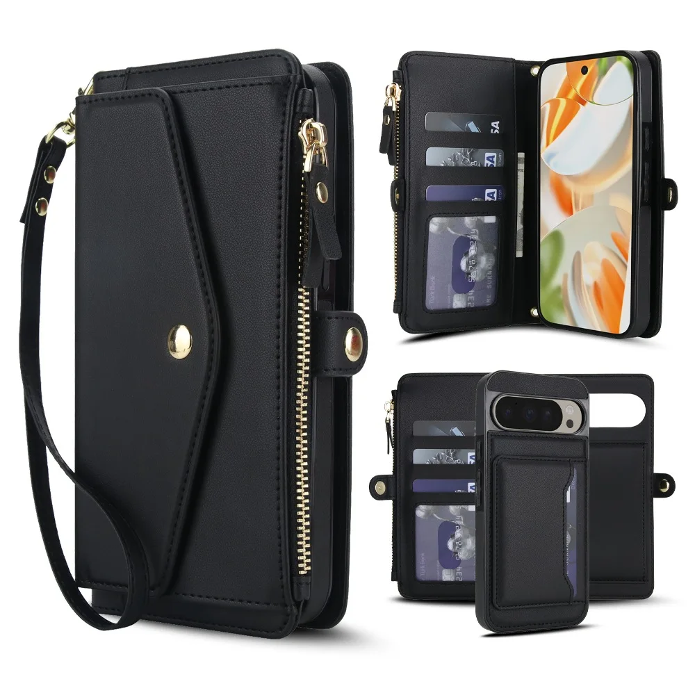 

2 In 1 Solid Color Leather Detachable Flip Cover for Google Pixel 8 9 Pro XL & 9A 8A with Zipper Wallet Card Slots