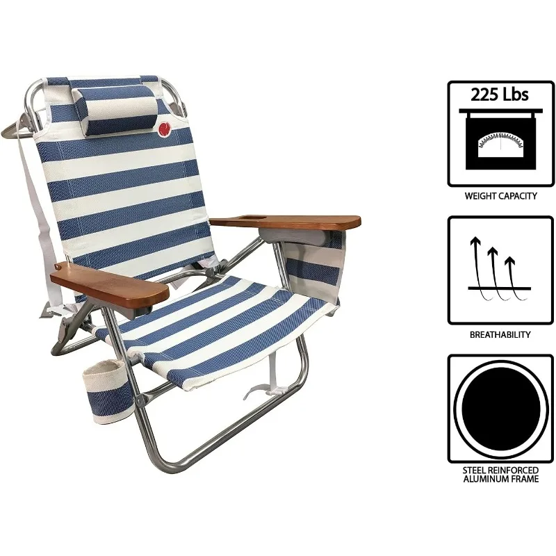 Multi-Position Wood Arm Beach Chair (2-pk) | Headrest, Media Organizer Pocket, Cup Holder, textilene Fabric, Dual Backpack