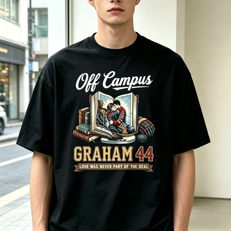 Vintage Off Campus T Shirt Book Hockey Romance Graphic Print Unisex Cotton Tee Casual Short Sleeve Top Graham 44 Shirt Men Women
