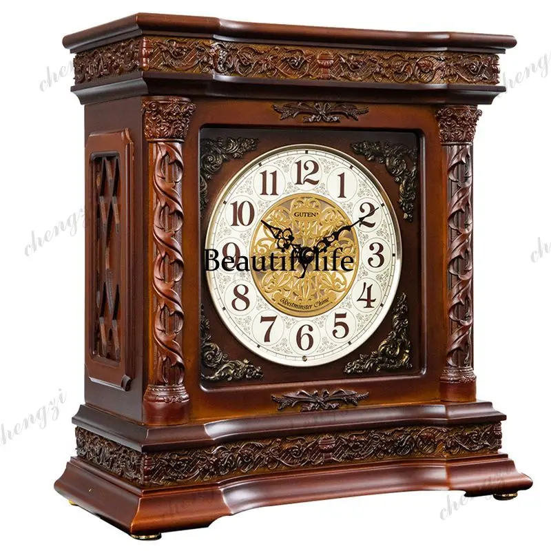 Solid wood clock Living room European silent desk clock Chinese three-dimensional relief quartz clock