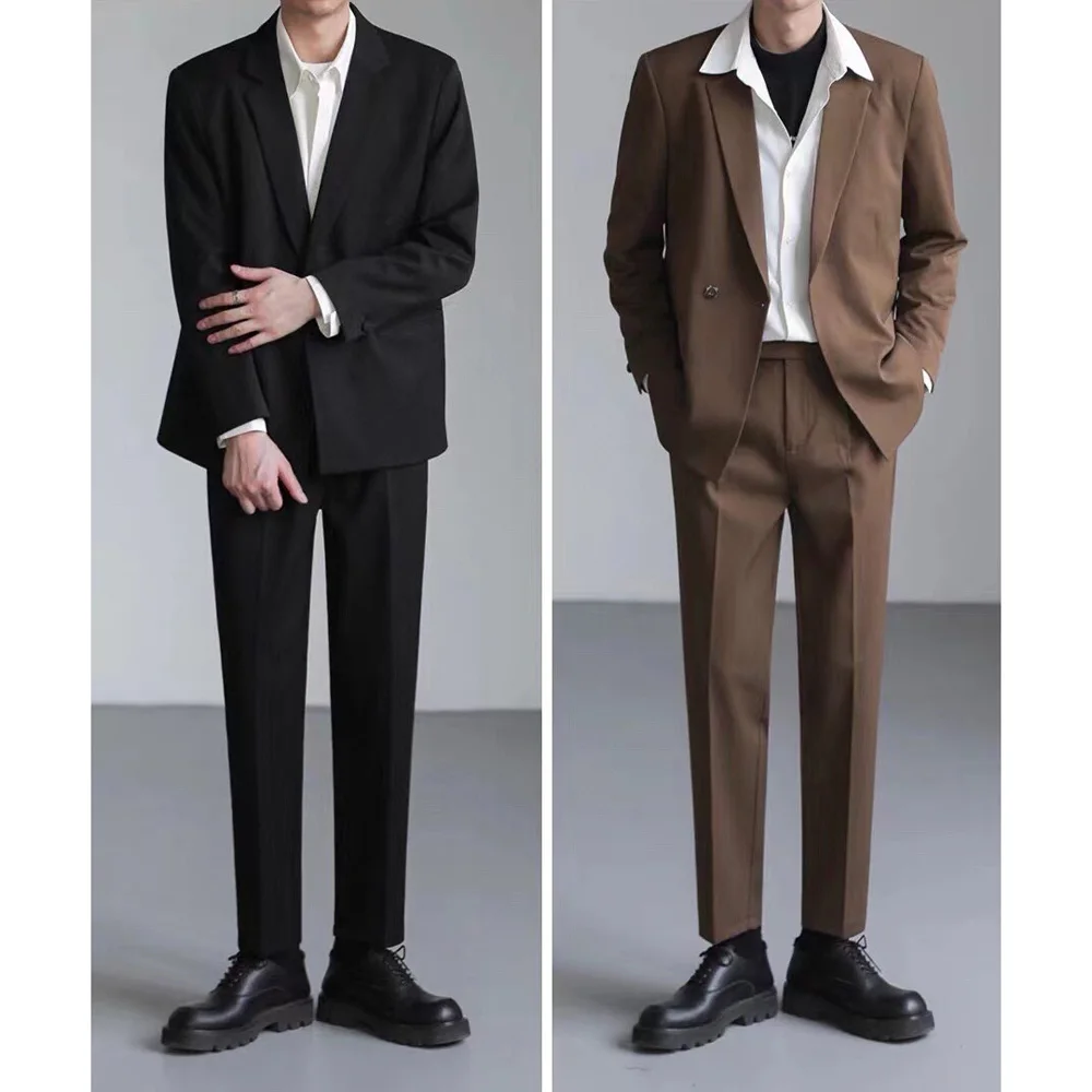 Men Fashion Vintage Loose Casual 2 Piece Suit Blazer Jacket Pant Sets Office Man Teenagers Party Ceremony Dress Suits Costume