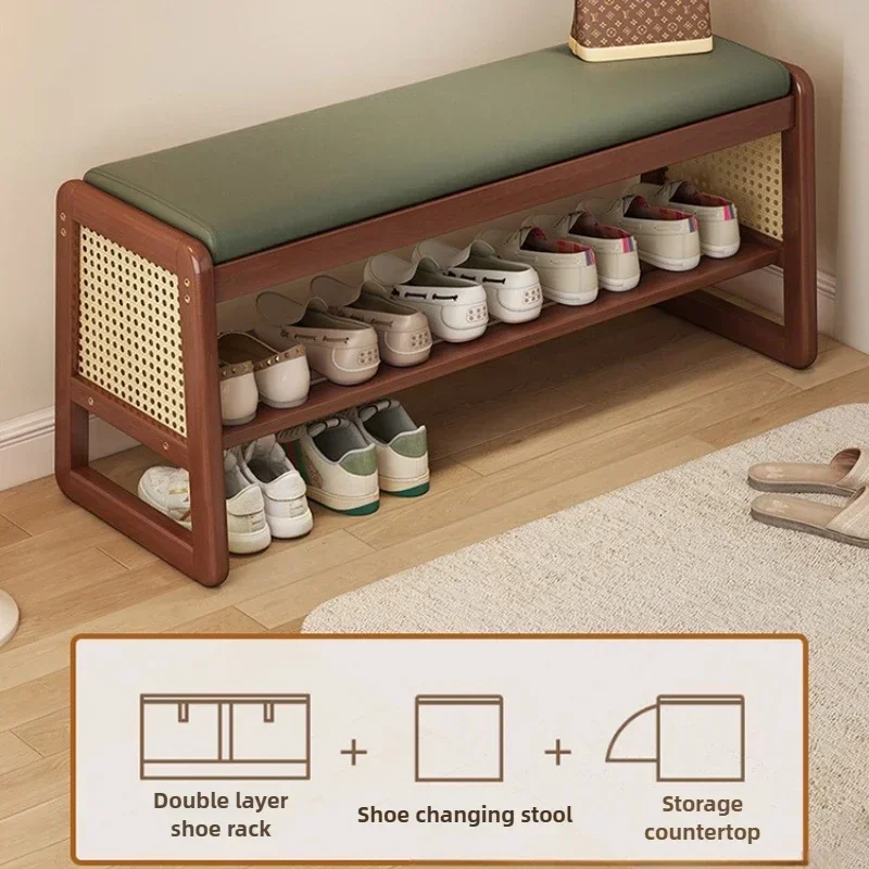 Household GoodsTeng Woven Shoe Changing Stool, Entrance Door, Home Door, Multi-layer Storage, Solid Wood, Can Sit On Shoe Stool