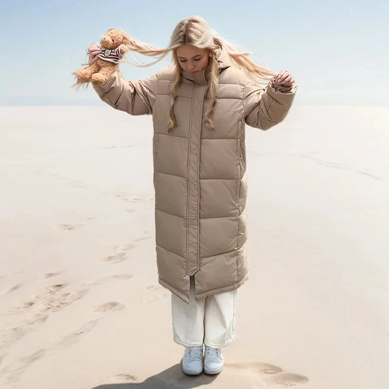 Autumn Winter New Fashion Women's Solid Color Simple Basic Casual Trendy Long Sleeve Hooded Ankle Length Quilted Coats Female