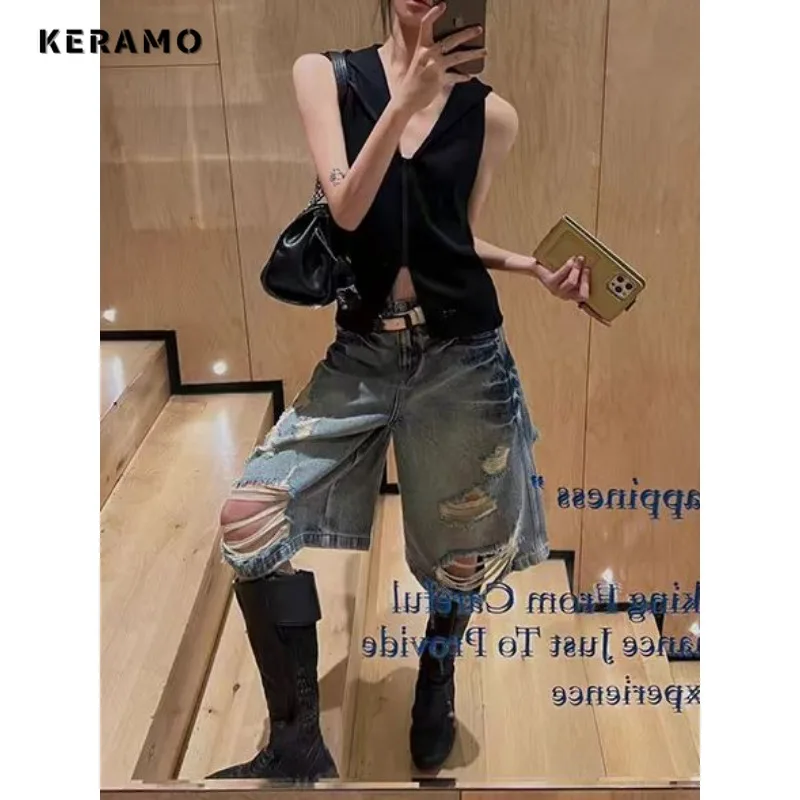 Korean Y2K Harajuku High Waist Street Style Ripped Fashion Shorts 2024 Summer Women's Sexy Hotsweet Hollow Out Denim Shorts