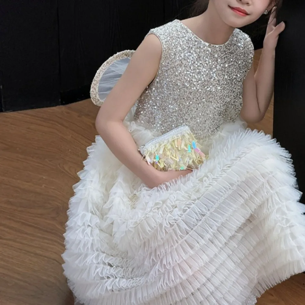 Butterfly Bow Wings Children Princess Dress Round Neck Sequin Loose Birthday Cake Dress Casual Sleeveless