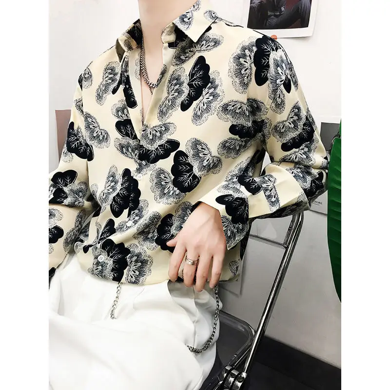 2023 Spring and Summer Thin Loose Casual Lazy Draping Silk Skating Ice Silk Creative Fashion Design Butterfly Print Men\'s Shirt