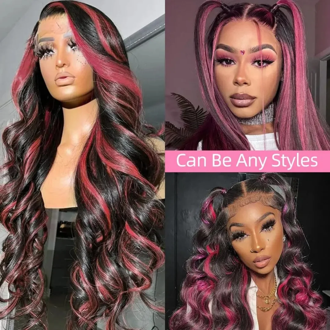 13x6 HD Lace Front Human Hair Wig 1B Pink Ombre Body Wave 1B Purple Highlight Wig Pre Plucked Transparent Lace 200 Density Colorful Party Wig