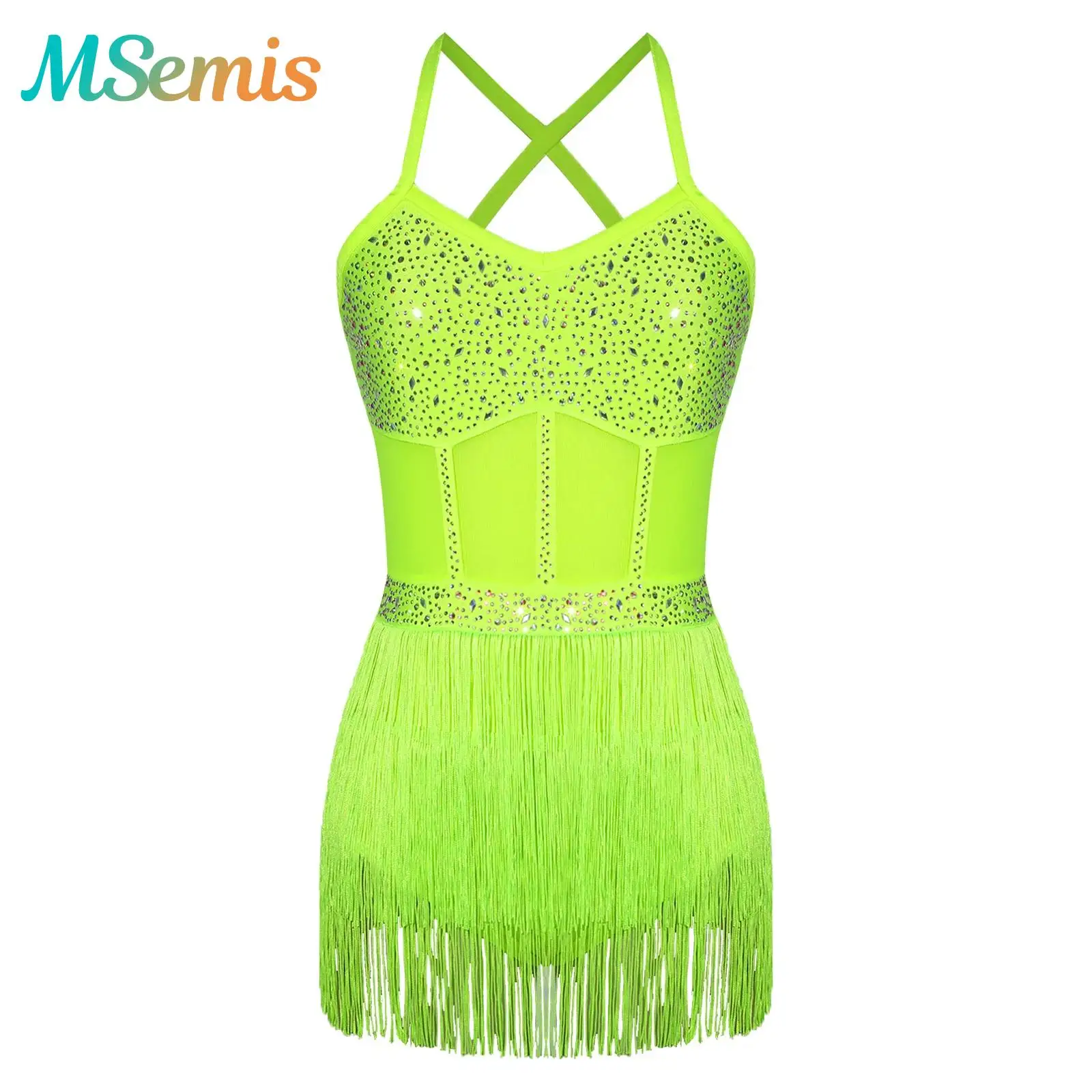 

Womens Rhinestone Gymnastics Latin Tango Dance Performance Leotard Dress Costume Sheer Mesh Tiered Tassel Fringe Bodysuit Dress