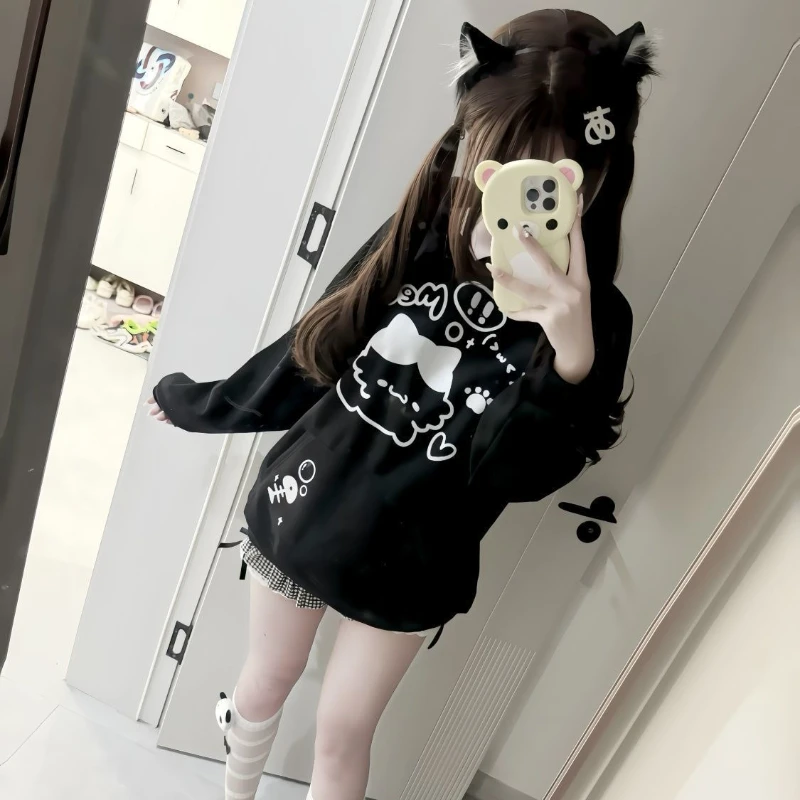 

Худи Y2K в японском стиле кавайи с длинным рукавом, с мультяшным принтом, повседневная женская толстовка, аниме, милый уличный стиль, пэчворк, осень 2025