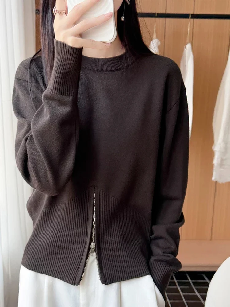 Elegant round Neck  Color Knitted Sweater Women's Waist-Cinching Versatile Trendy Front Slit Zipper Top High Quality Fee...