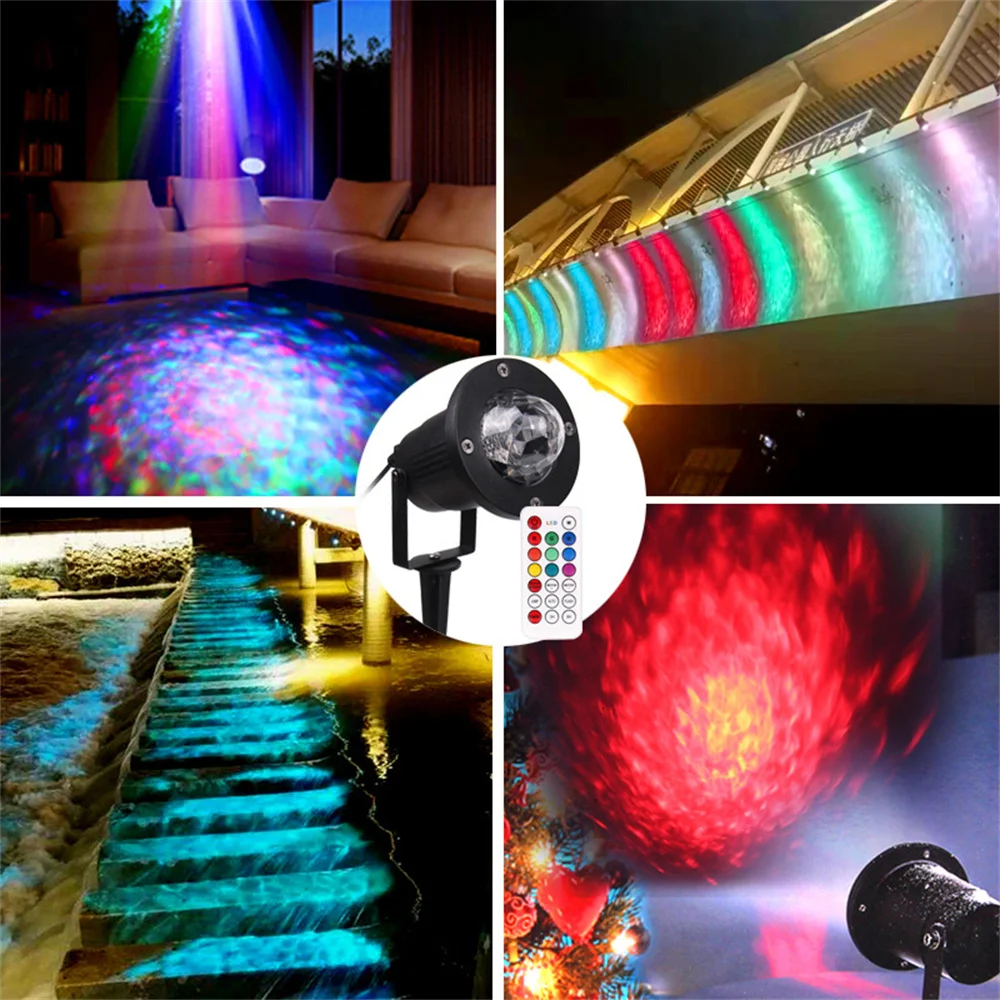 Proyector de luz de jardín impermeable LED Ripple RGBW 10 colores efecto de agua o efecto de fuego de llama con control remoto para fiesta, vacaciones