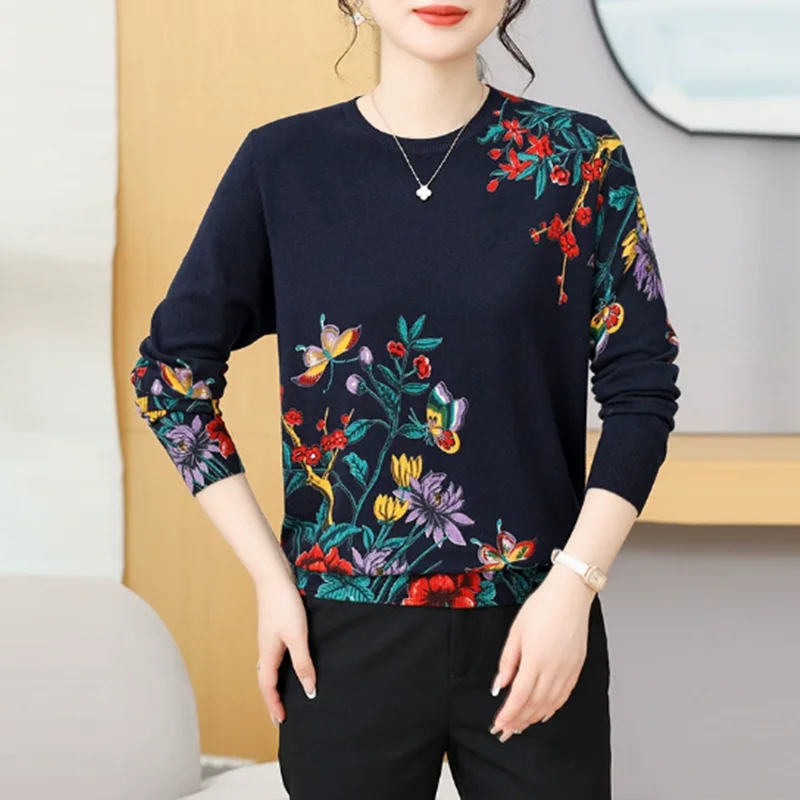 Suéteres e suéteres femininos, gola redonda, manga comprida, pulôver quente, outono inverno, nova moda, estampa de flores, suéter estampado