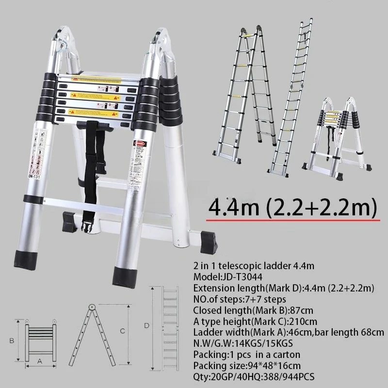 Teleskopleiter Multifunktionales Doppelseitiges Alumínio 2,2 M Silber Industrielles Außalumínio