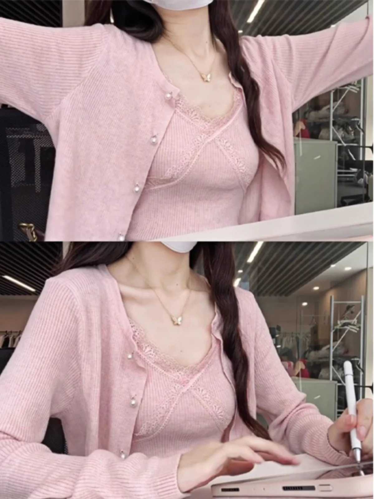 

Pink Slim Fit Long Sve Thin Knitted Outerwear Cardigan Early Autumn Korean Sle Women's Unique Beautiful Small Top Coat