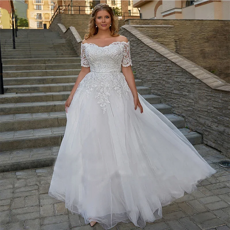 Индивидуальное богемное свадебное платье с короткими рукавами и открытыми плечами, кружевные наклейки, свадебное платье с вырезом лодочкой, большие размеры