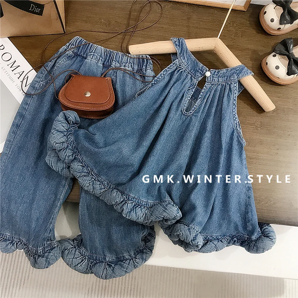 Korean Children's Clothing Girls Loose Denim Suit Summer New Foreign Fashion Children's Lace Neck Sling Fashion