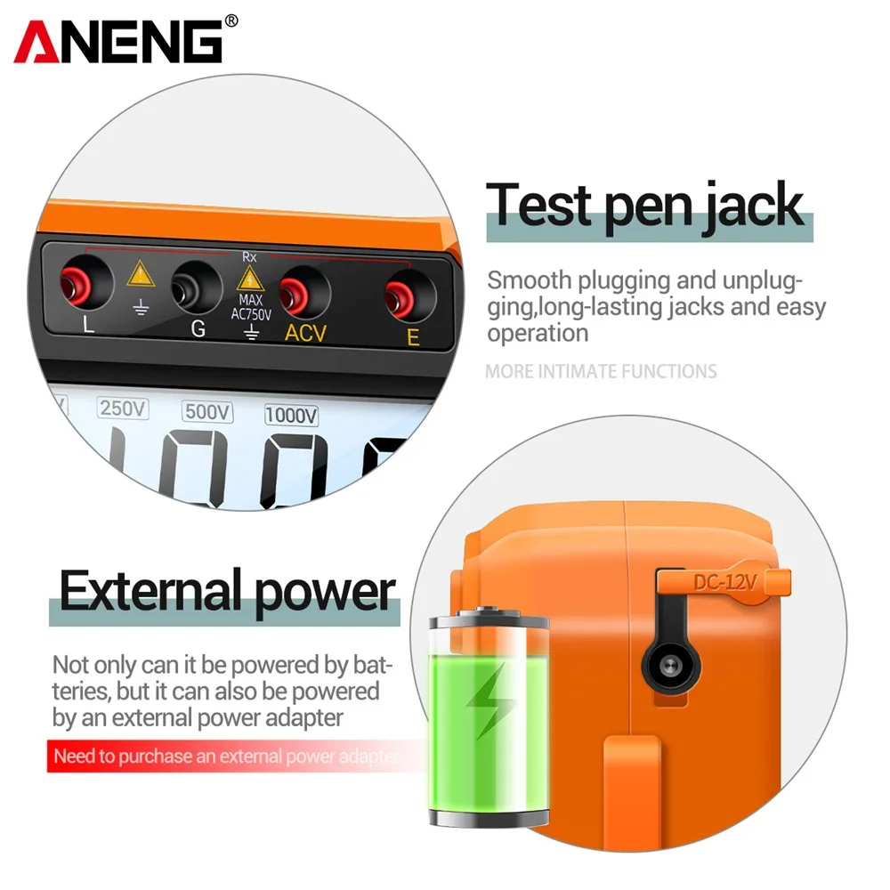 Aneng Mh10 Digitale Megohmmeter Meter Isolatie Aarde Grondweerstand 100-1000V Ohm Spanningstester Elektricien Gereedschap