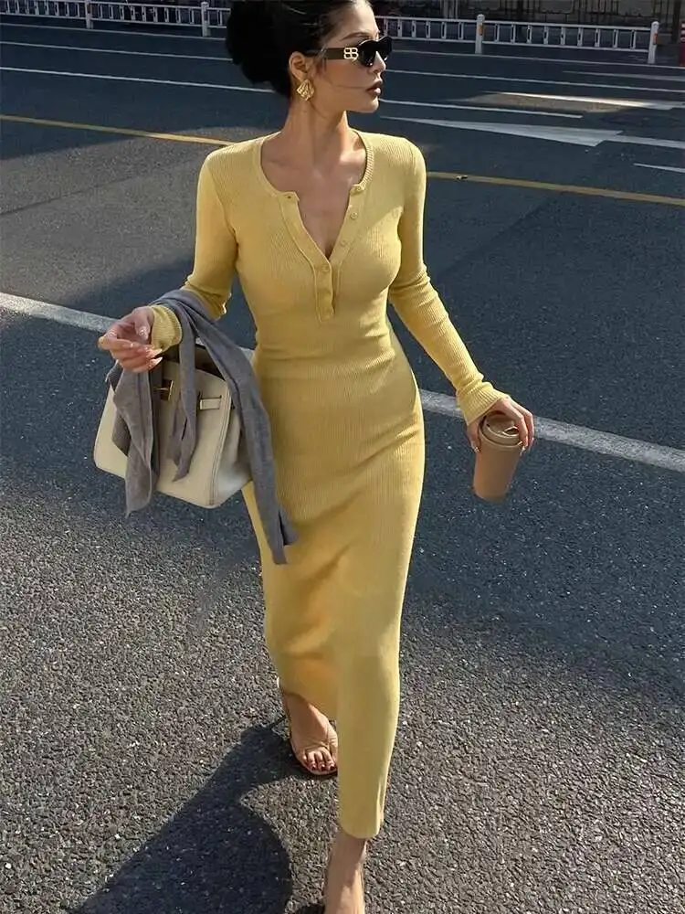 Vestido de malha amarelo com decote em v, manga comprida, elegante para mulheres, suéter amarelo fino, vestido longo, quente, sexy, moda feminina, vestidos qh4m