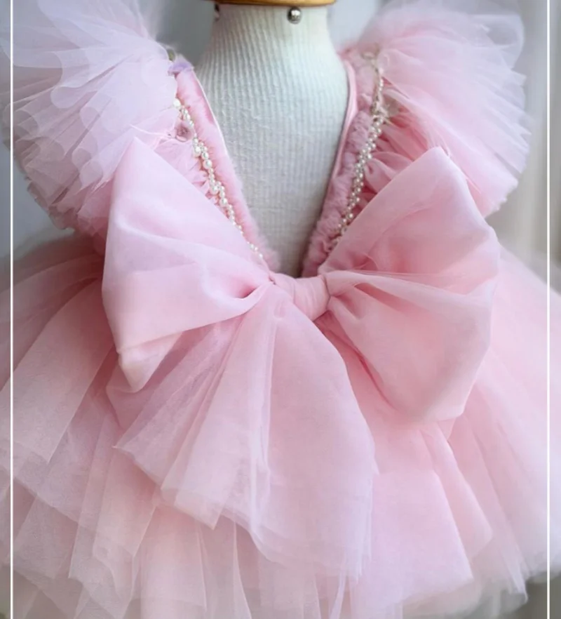 Pink Floral Dress with Bow Baby Girl Party Tulle Gown Kid Birthday Dress Children Clothes Tutu Vestidos Gift for Girls