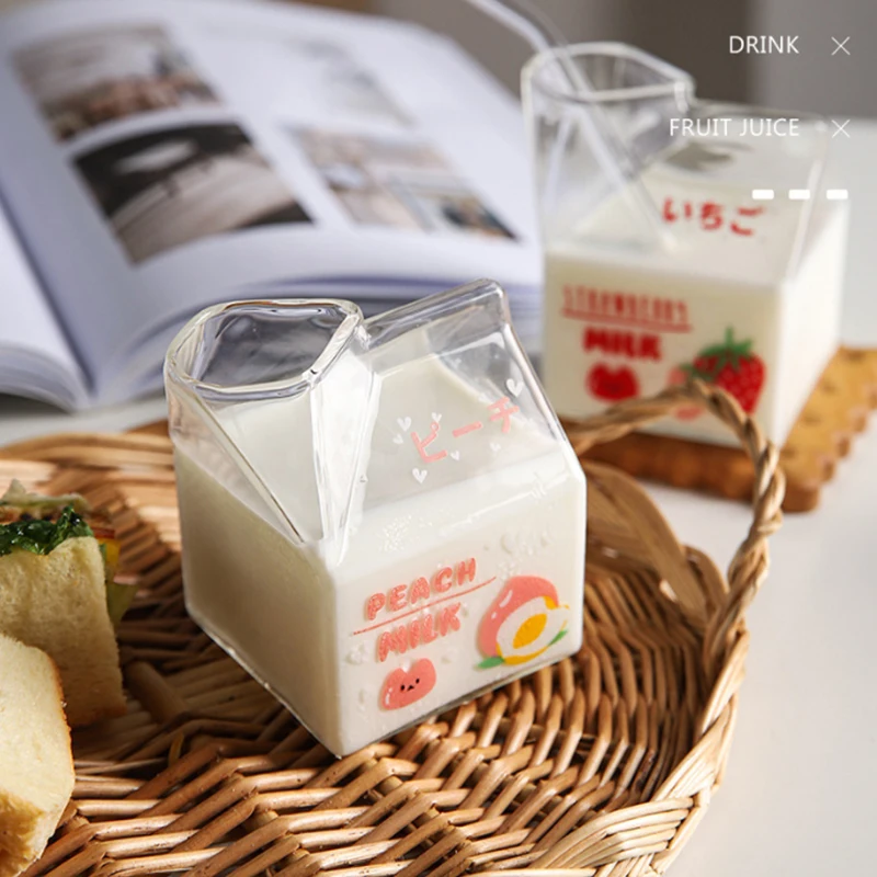 

Cute glass fun fruit pattern creative square can microwave breakfast milk drink breakfast cup birthday ins photo couple gift