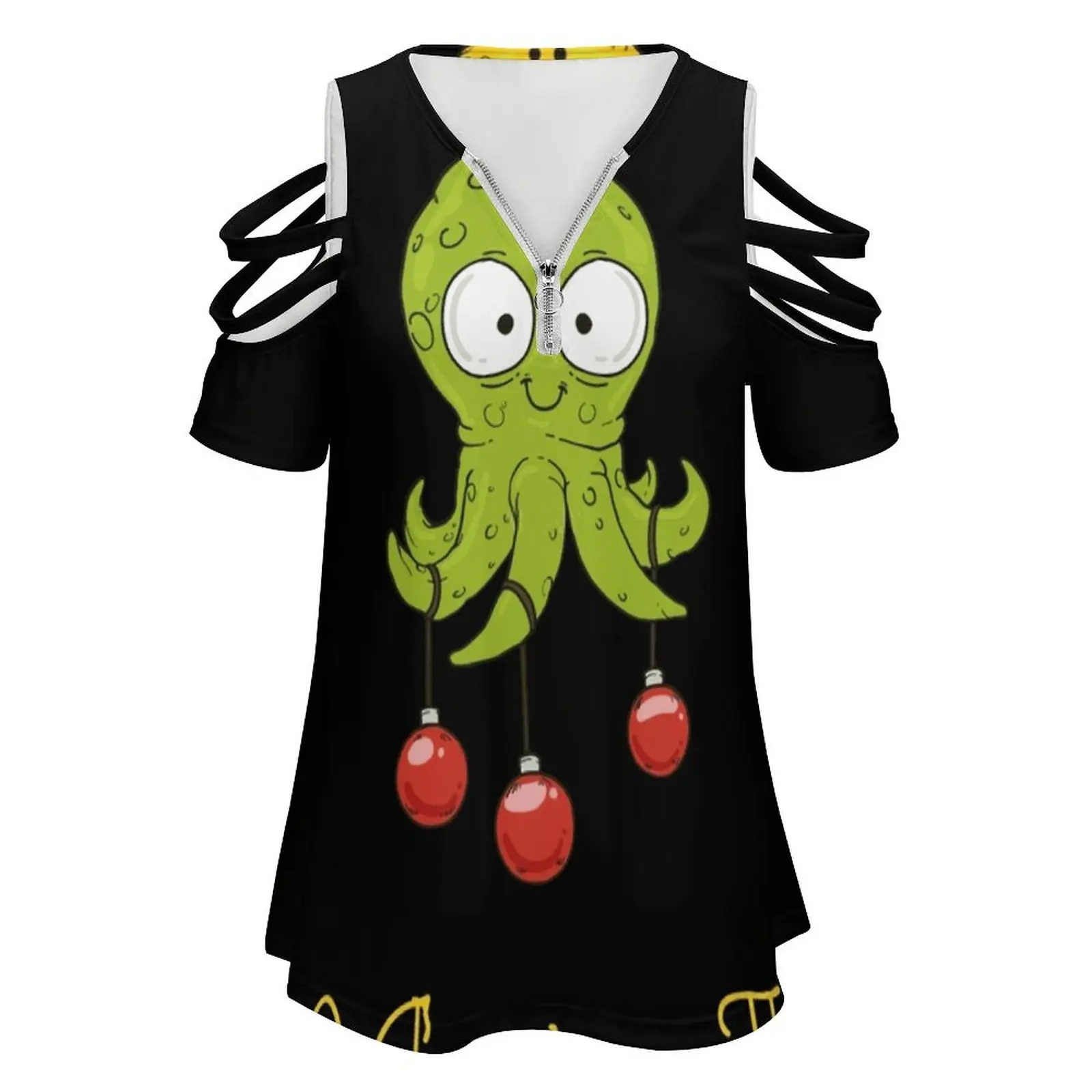 Christmas Tree Octopus Ocean Gift Women Zipper Sexy Printed Vintage T Shirts Tops Full Print T-Shirt Christmas Squid Santa