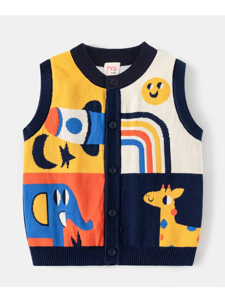 Autumn Spring Boy Girl Sweater Rocket Giraffe Cardigan Stitch Kid Clothing Sleeveless Buttons Baby Costume 2-6Y Children Sweater