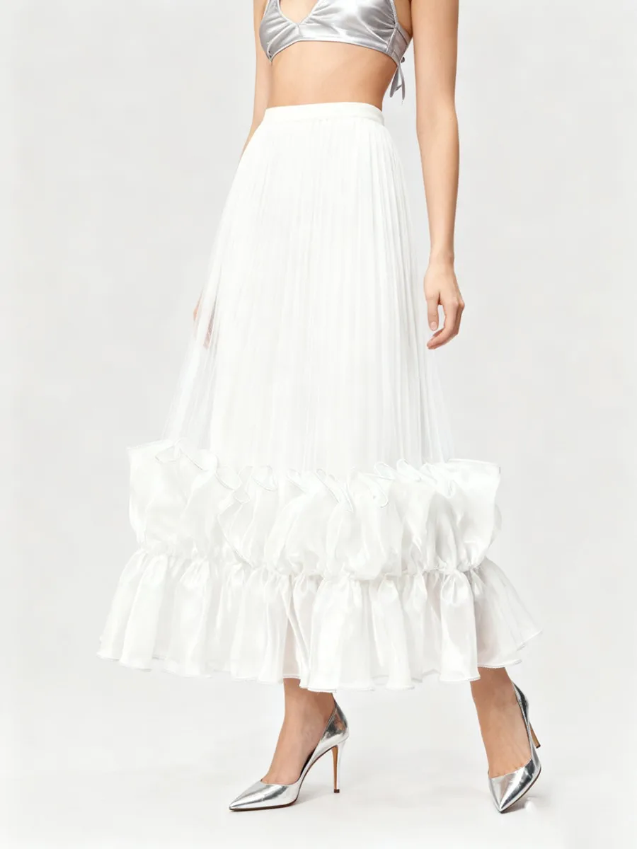 TWOTWINSTYLE Solid Spliced Ruffles Folds Fashion Skirts for Women High Waist Patchwork Mesh Elegant Skirt Female Clothing New