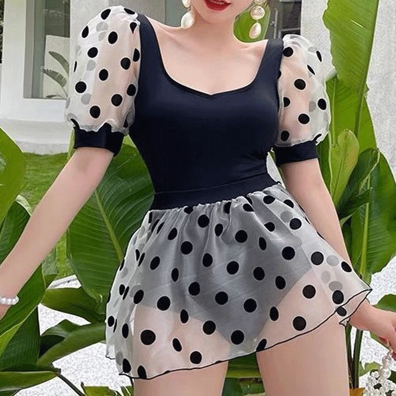 

Vintage Wave Point Printed 2023 New Women's Slim Thin Puff Short Sleeve With Chest Pad Without Steel Support Vacation Swimwears