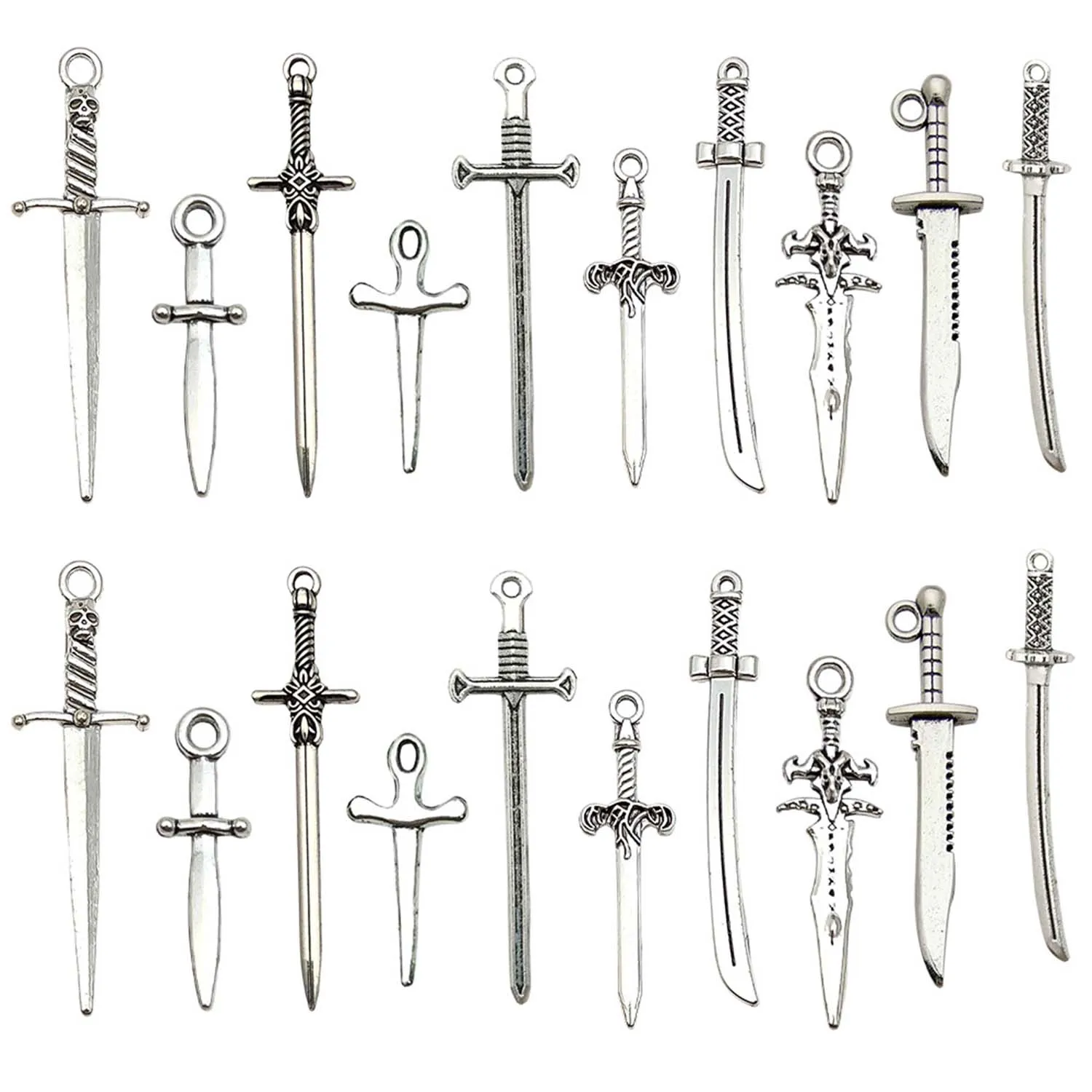 10/20pcs Antique Silvery Swords, Dagger Design Charms Alloy Weapon Pendants for DIY Jewelry Making Accessories