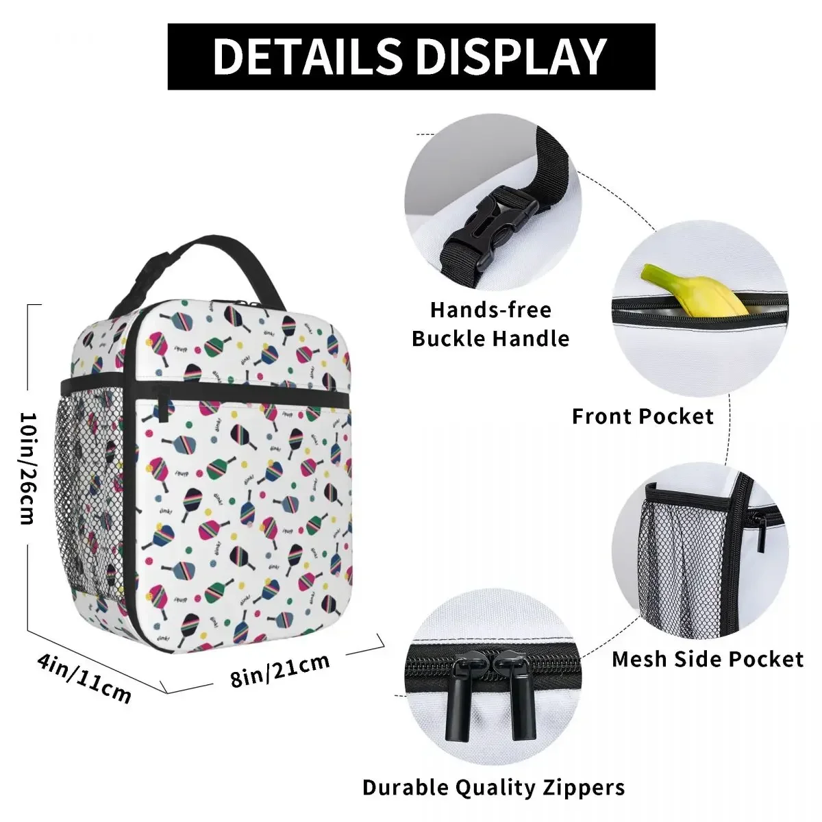 Pickleball Fun Paddle Dink Player Gift Insulated Lunch Bag Food Box Reusable Cooler Thermal Lunch Box School