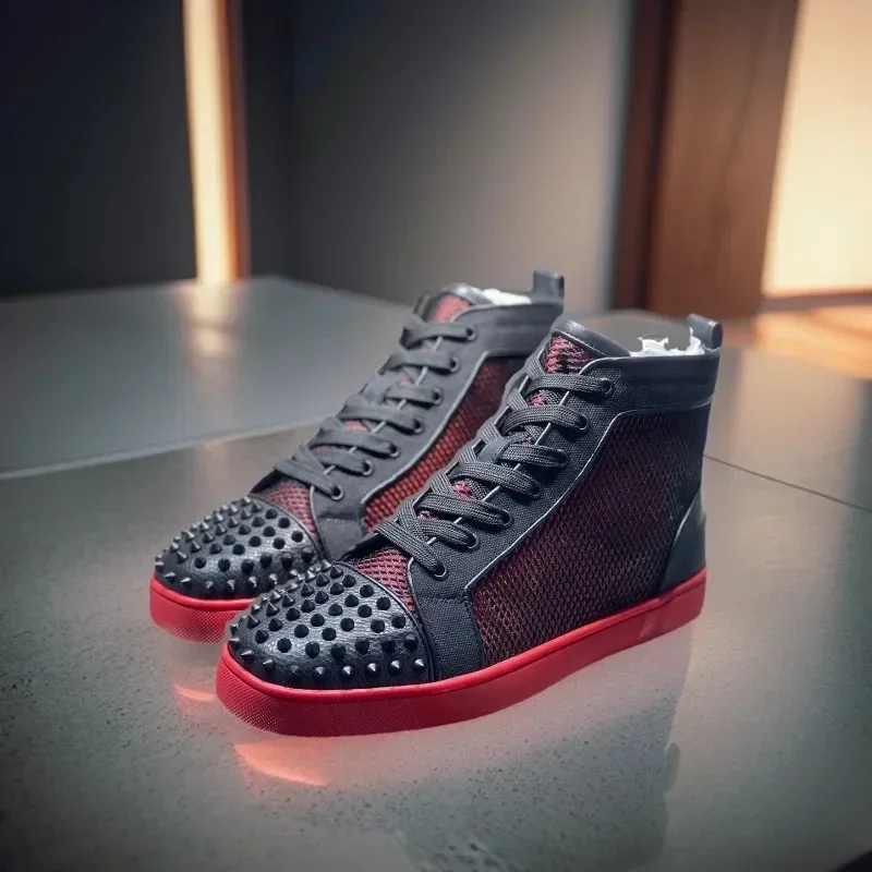 

Fashion High Top Red Bottom Shoes For Men Luxury Brand Trainers Driving Spiked Rivets Toecap Black Net Genuine Leather Sneakers