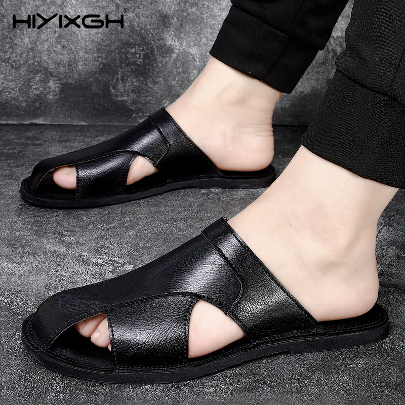 Men's Summer Narrow Leather Casual Slippers Non-slip Durable Flat Shoes For Indoor Outdoor Daily Walking Beach Garden Home