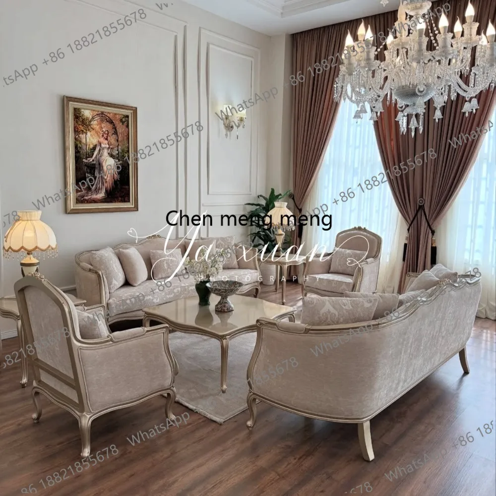 Französisch-amerikanisches Massivholz-Sofa-Set in hellem Luxus-Champagner-Gold für das Wohnzimmer mit Jacquard-Stoff.