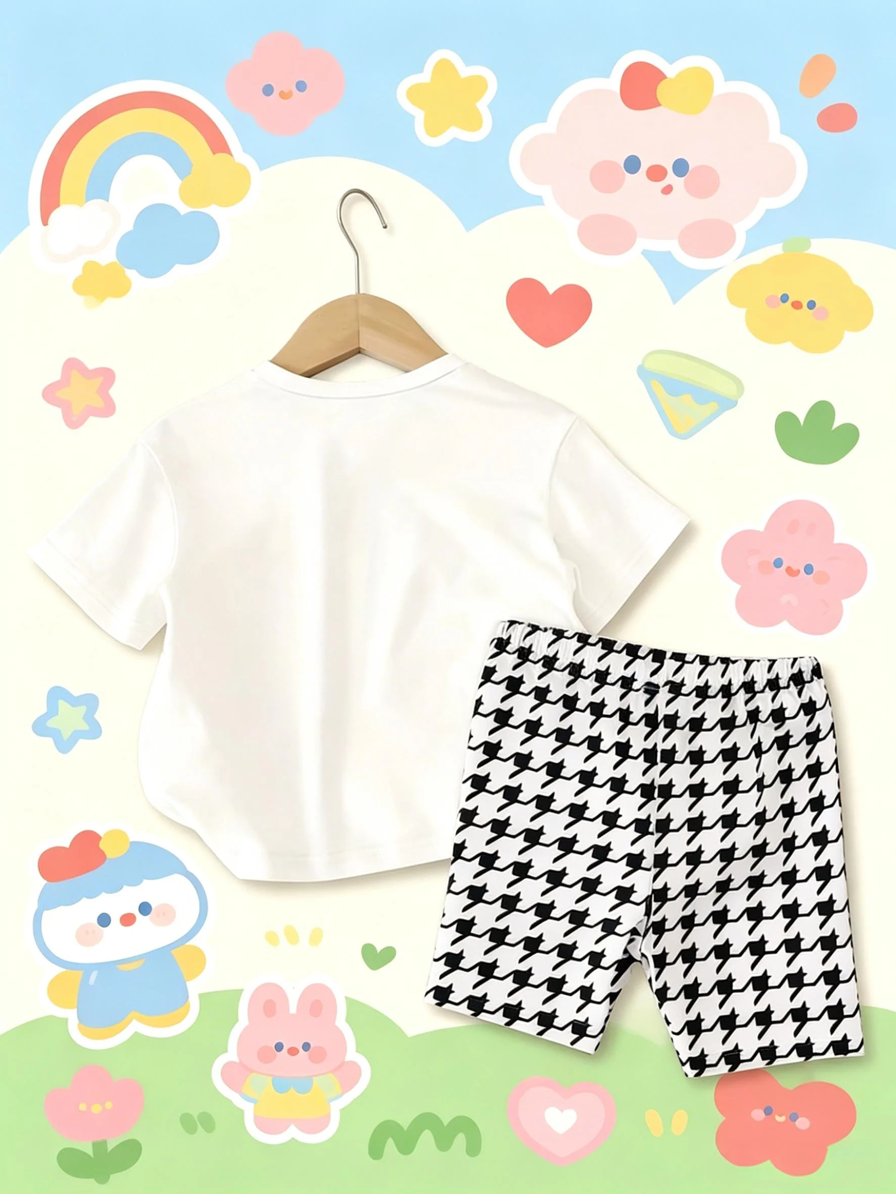 Cartoon Girl Print Set Girls White Short Sleeve Houndstooth Shorts Sweet Cool Style