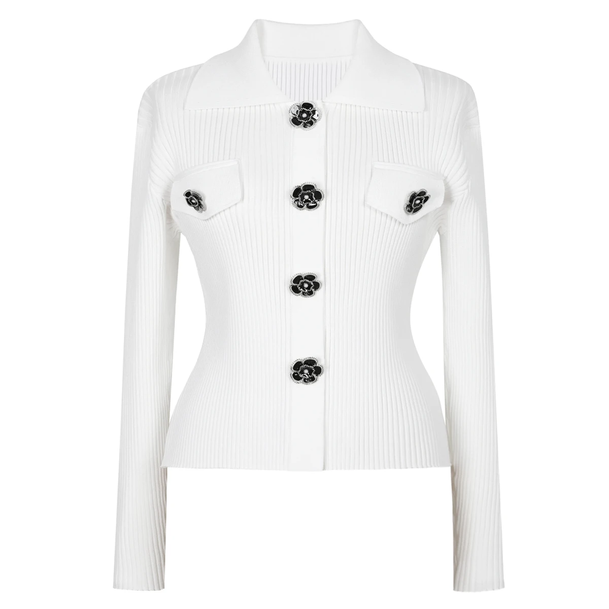 

Spring and Autumn New High Quality Fashion Flower Button Knitted Shirt Long Sleeve Collar Women's Woolen Cardigan Top Coat