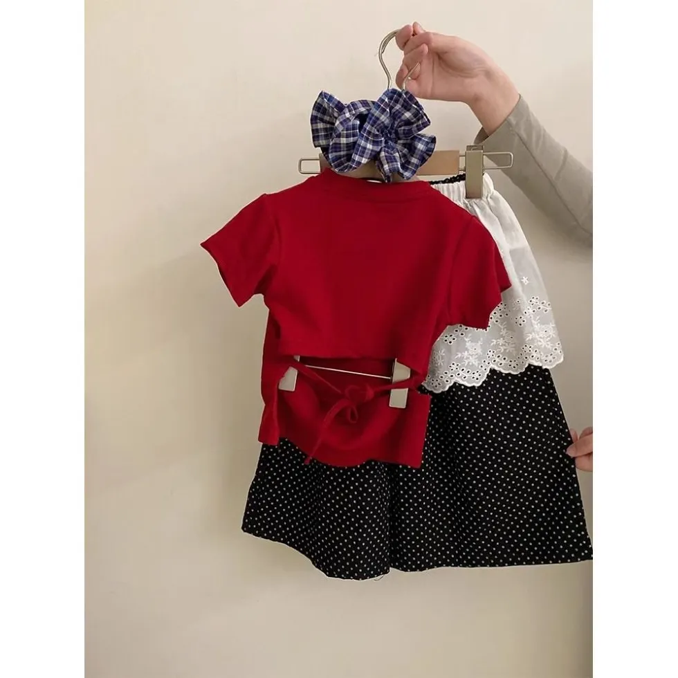 Baby Girl Korean Irregular Slim Fit Short Back Design Short Sleeved T Shirt with Girls Temperament Top