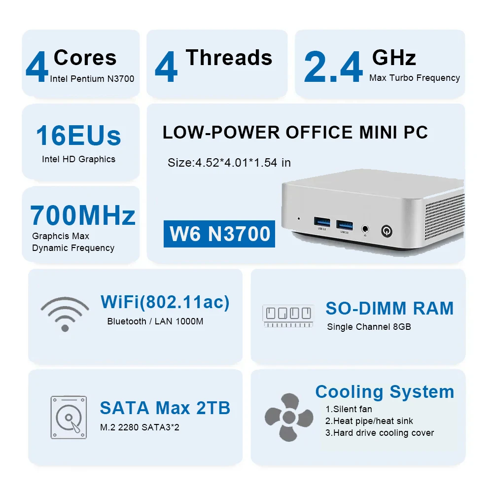 SZBOX W6 Mini PC Intel N3700 MINI PC Windows 10 SO-DIMM RAM 8 GB 128 GB SSD RJ45 1000 M LAN M.2 SATA3 * 2 Computer da gioco desktop